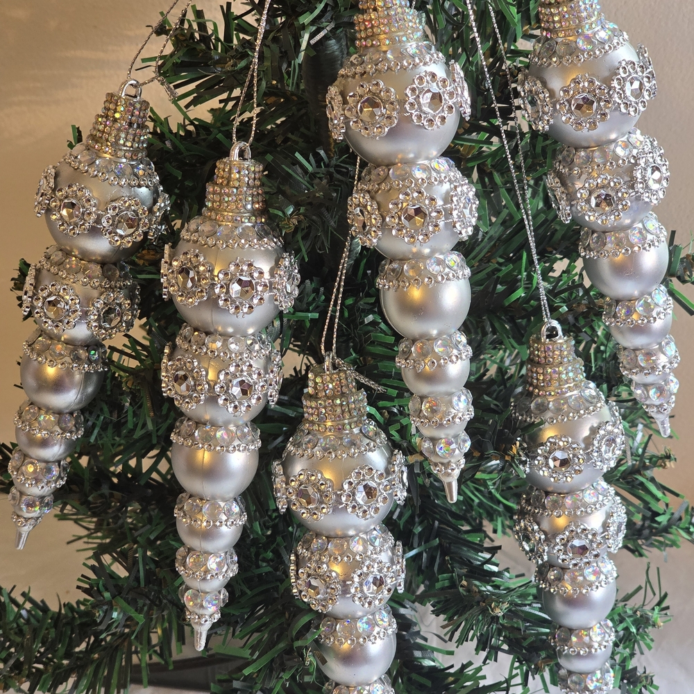 Sparkling Silver Beaded Holiday Ornaments New 6 Piece 6 Inch Handmade Silver